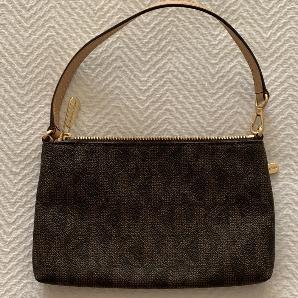 Michael Kors Dark Brown Wristlet with Gold Accents with signature MK - Picture 2 of 11